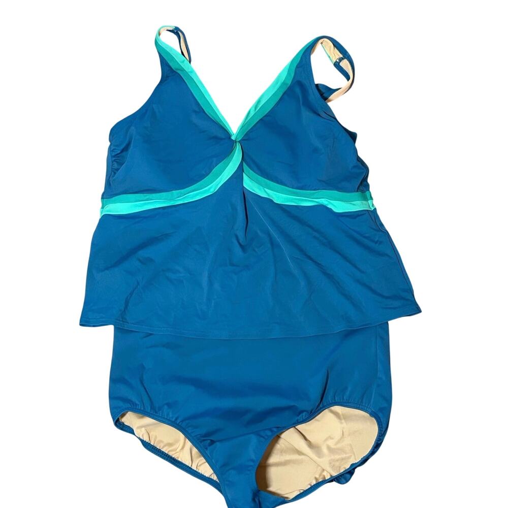 Lands’ End Plus Size Tankini Set 18W 20W Blue Aqua Molded Cup Swim Top Bottom